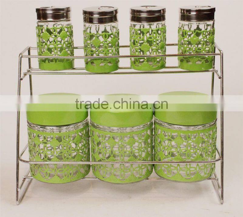 double-deck embossing metal cover glass canister & spice jars set
