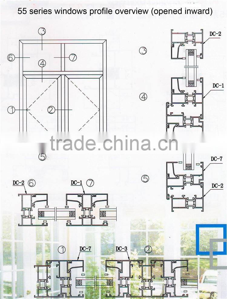 55 series windows aluminum profiles opened inward