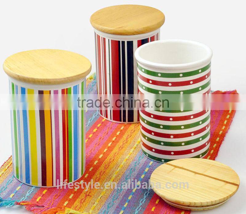 3 Sets Ceramic Canister With Wooden Lid,Stoneware with Decal