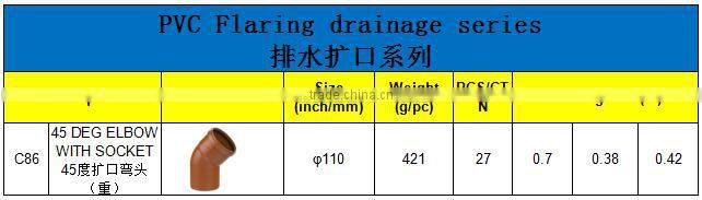 HIGH QUANLITY 45 DEG ELBOW WITH SOCKET OF PVC GB STANDARD EXPANDING FITTINGS FOR DRAINAGE WITH GASKET