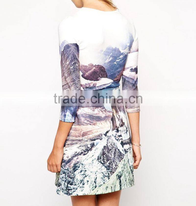 fashion long sleeve ladies short dress wholesale quality digital printed dress