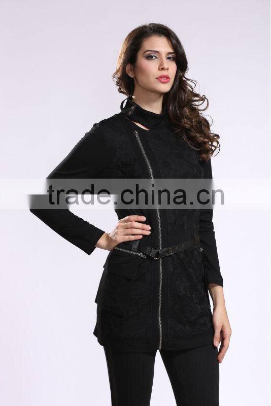 2014 New Arrival Ladies Asymmetrical Zip Long Coat Fashion Design Winter Overcoat