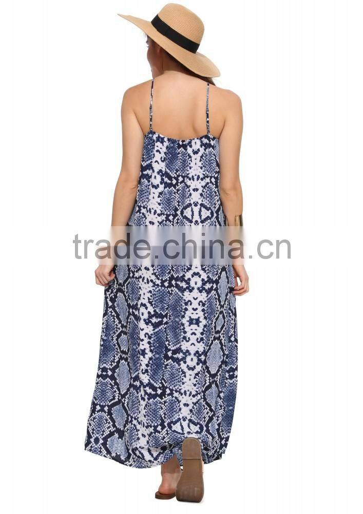 Ladies fashion spaghatti straps snake skin print long chiffon maxi dress