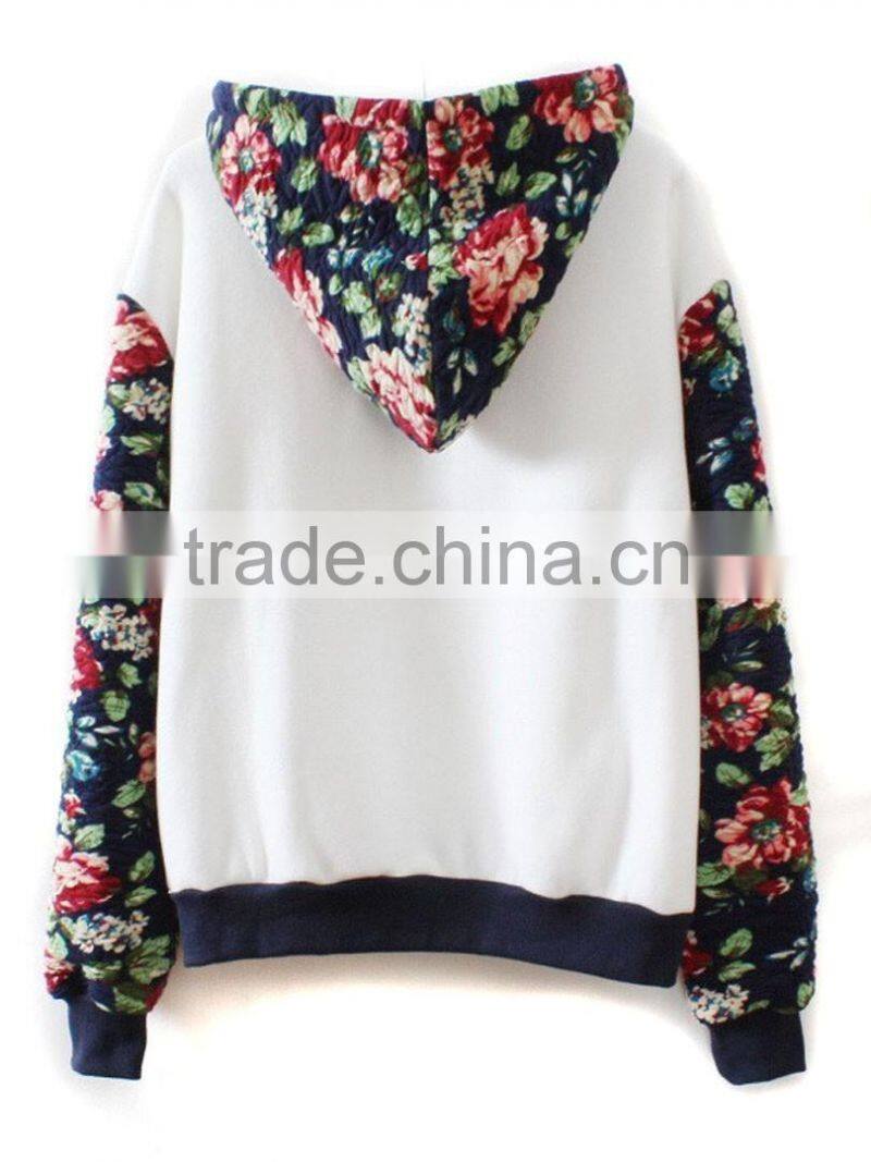 Women White Floral Long Sleeve Drawstring Hoodie