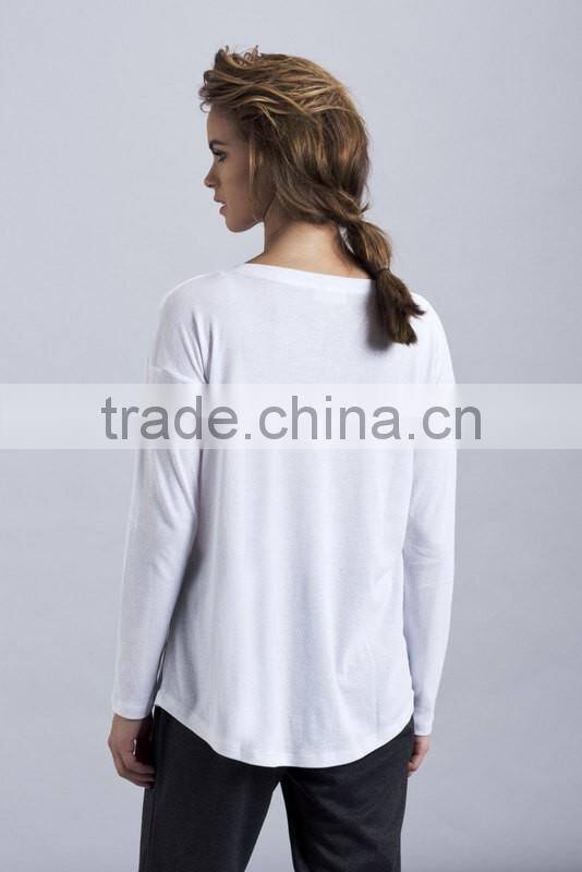 Soft Cotton/Polyester White Plain Womens Long Sleeve T-Shirt Scoop Neck Pocket Tee Wide Neck Round Bottom T Shirt