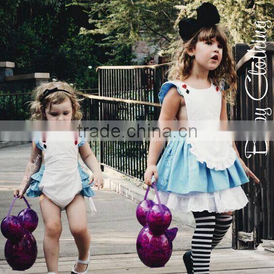 Wholesale Kids Clothing Baby Girls Alice In The Wonderland Ruffle Romper Infant Baby Kids Bule And White Cute Fancy Bubble
