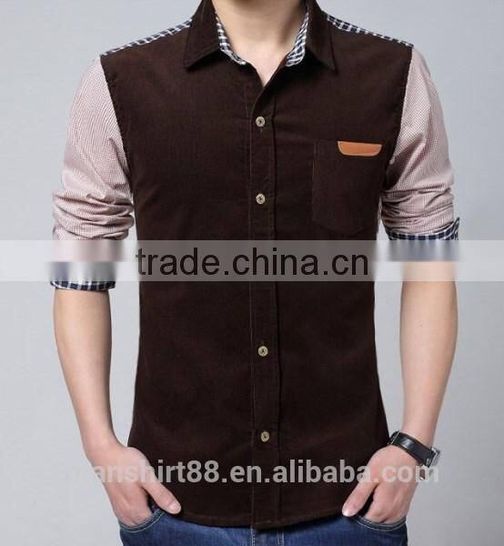 2017 mens long sleeve contrast color fake pocket corduroy shirt
