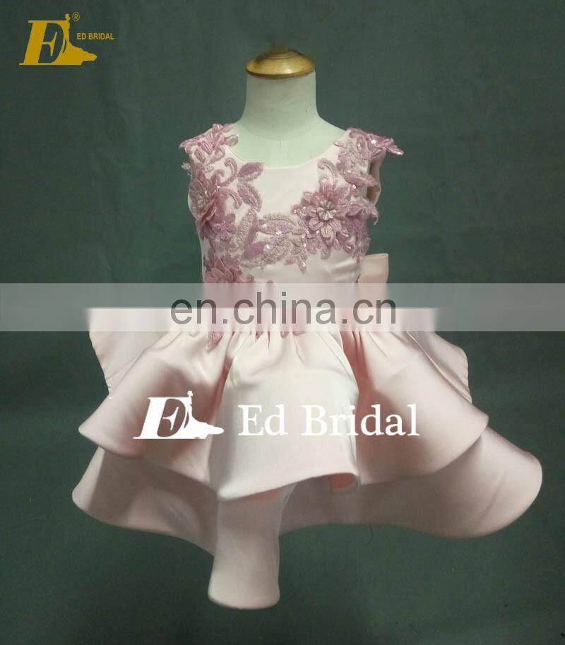 Lovely Pink Color Layers Skirt Bow Back Appliques Short Satin Patterns Real Sample Flower Girl Dress For Wedding