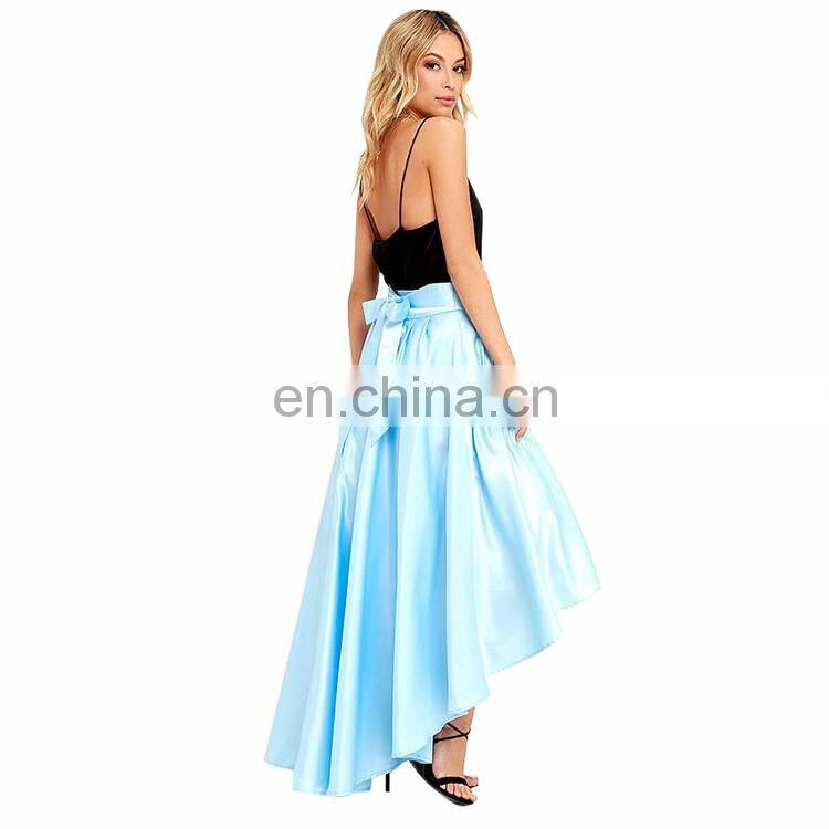 2016 Custom New Design Light Blue Satin Lady Skirts High Low Prom Girls Pleated Long Skirt