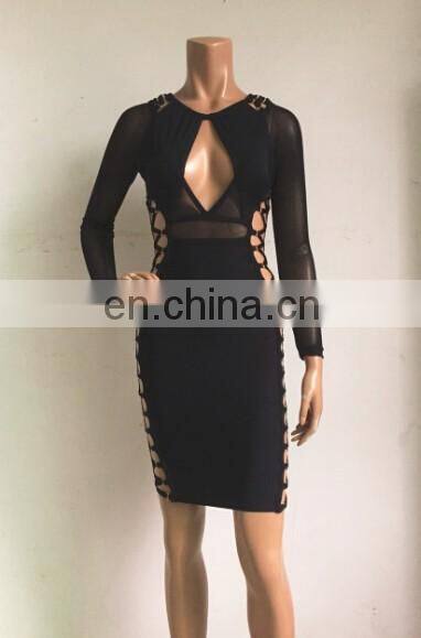 Amigo 2017 new design Black long sleeve cut out bingding revealing bandage dress midi prom dresses for hot body ladies