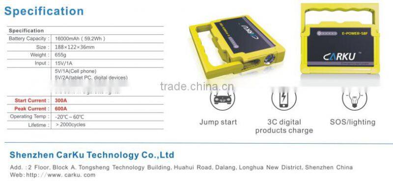 Carku car battery charger 16000mAh auto jump starter water-proof design multi-function jump starter