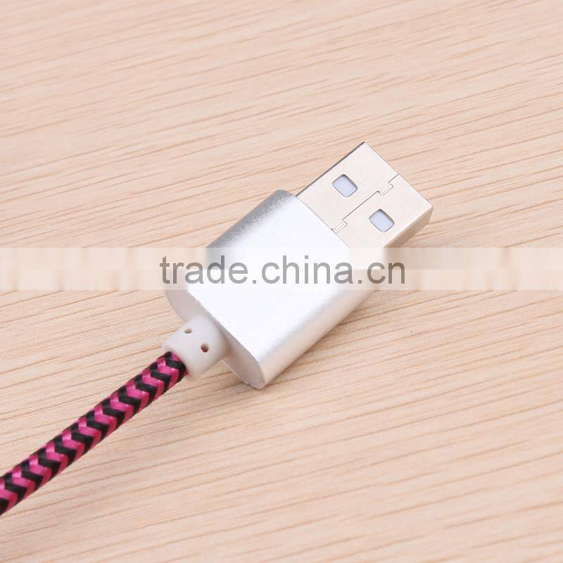Wholesale USB Metal Shell Sync Charging Cable With Round Cable Pink and Black Weave Date Cable Phone Accessories