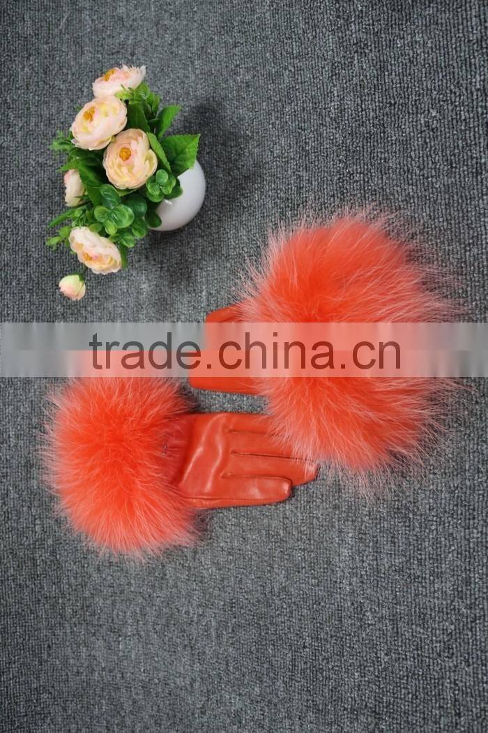 Fashion lady leather glove fur cuff glove fox leather glove hot sale
