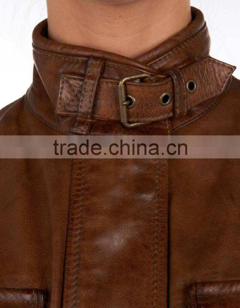 Stylish cognac leather jacket women