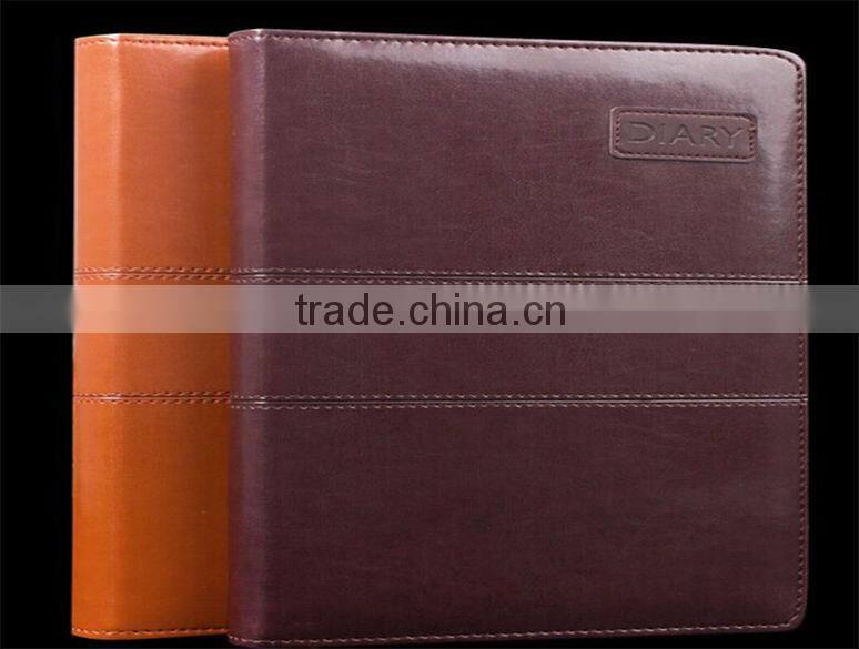 Sewing decoration PU leather personalized classical brown diary with embossing logo and line printing and book marker