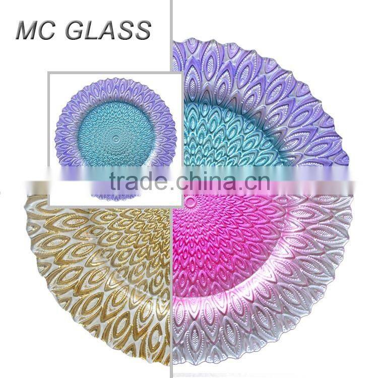 Hot New Wedding Purplish Blue Peacock Design Glass Charger Plate Wholesale