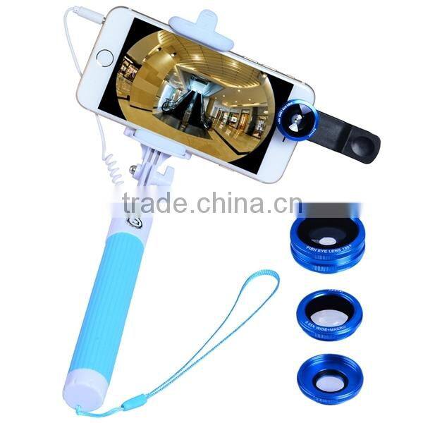 Apexel 4 in 1 set Selfie Stick with Cable 3.5mm and 3 in 1 Lens Wide Angle Macro lens Fisheye Lens for iPhone Samsung