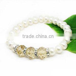 Bracelet, stretch, cultured freshwater pearl and Chinese crystal rhinestones with citrine ,white, 7-8mm potato, 7 inch.