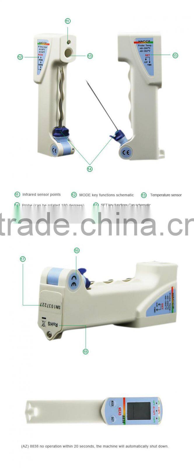 HACCP IR Meter AZ8838 Food Thermometer Precision Industrial Probe Sensor Infrared Thermometer