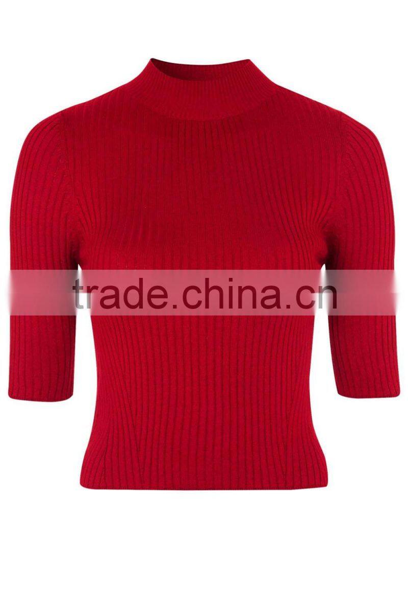 women crop knit clothes slim-fit sweater Ribbed Funnel Neck knit or crochet clothing