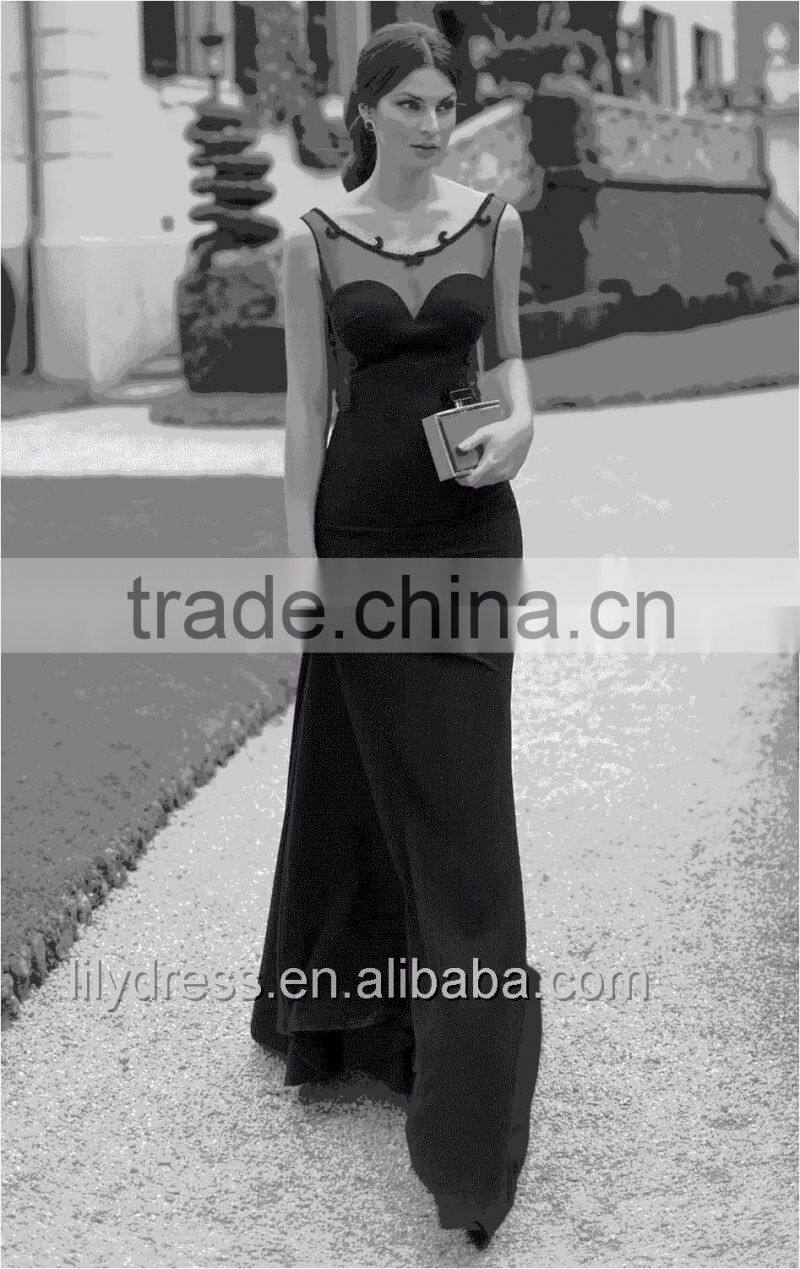 2016 New Arrival Sexy See Through Neck Black Mermaid Evening Dress Vestido De Festa Longo Backless Long Formal Dress ML053