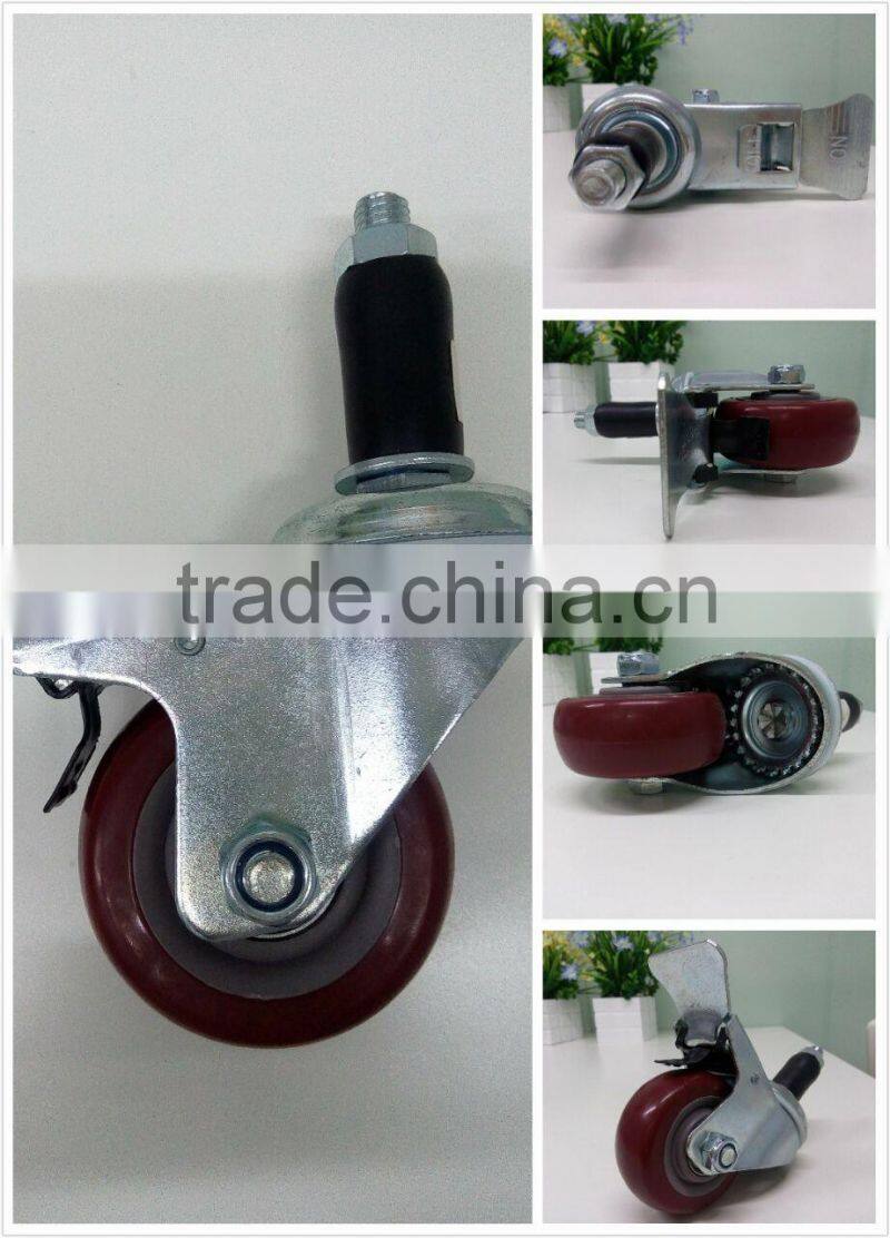 JY-305|3 inch bearing swivel red polyurethane double brake heavy duty casters and wheels