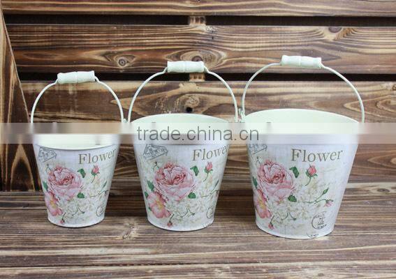 hot selling s/3 antique flower dacal pail, flower metal bucket