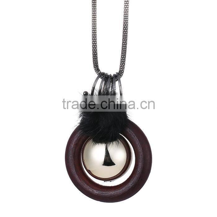 silver ball wood hoop pompon pendant necklace Korea retro long sweater necklace autumn geometric necklace