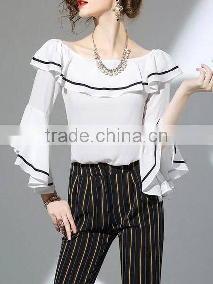 2017 wholesale summer women big round neck ruffle sleeve fashion chiffon blouse