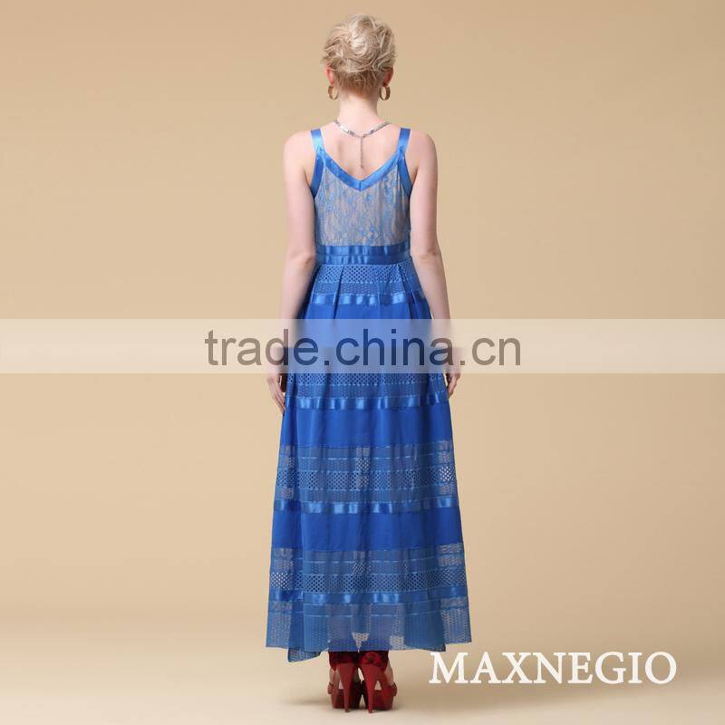 Halter neck embroidered fabric long maxi dress