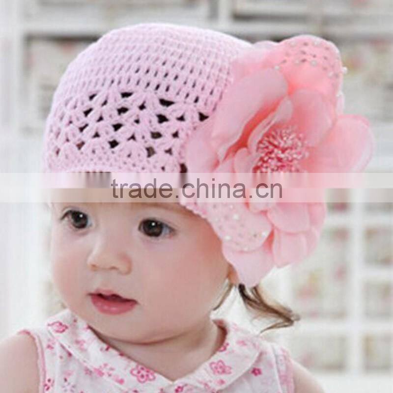 big flower peach color handmade crochat hat with pearl kids photo props pretty cap HT6012001