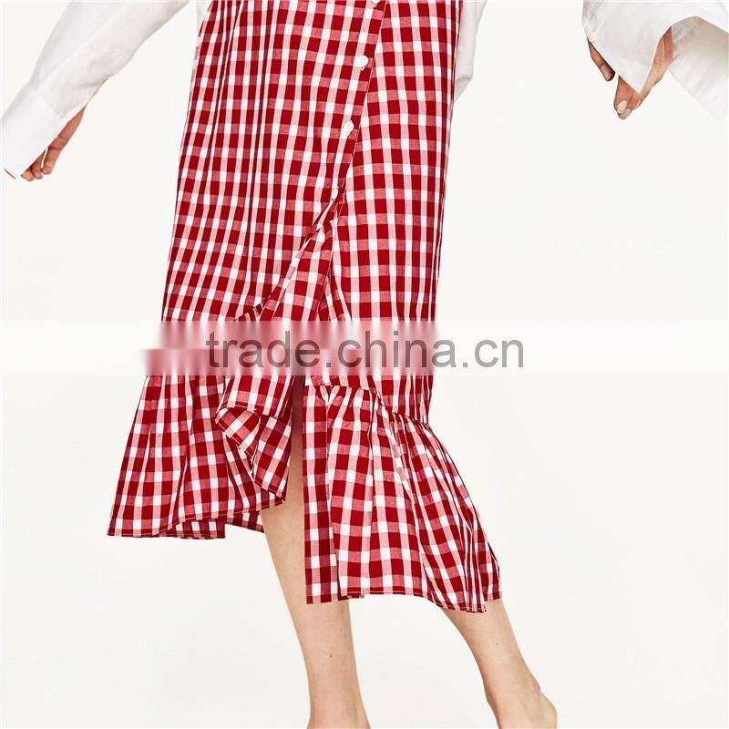 2017 newestFront button fastening red plaid skirt with frill detail