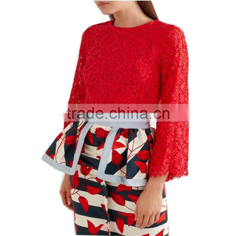 Latest spring design fashion red lace blouses for ladies elegent long sleeve women tops