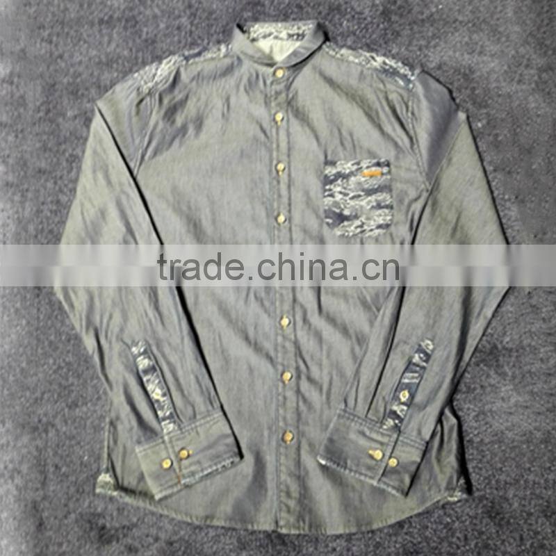 Dark Blue Men's Contrast Fitted Button Denim Shirts