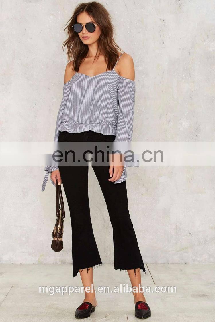 Women casual blouse designs cotton striped off shoulder blouse