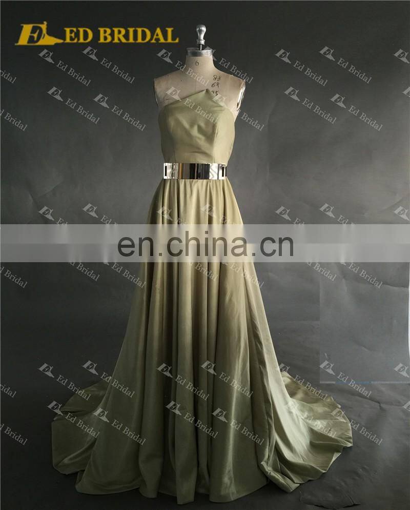 LN146 Real sample 2016 fashion golden belt unique neckline olive green taffeta wholesale maxi evening dress