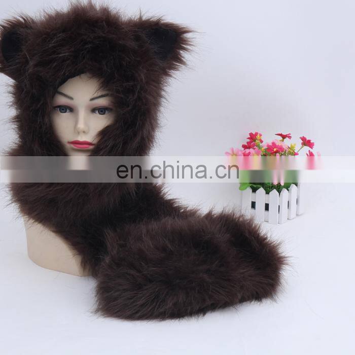 Plush Brown Bear Spirit Hoods Furry Animal Plush Hats With Mittens