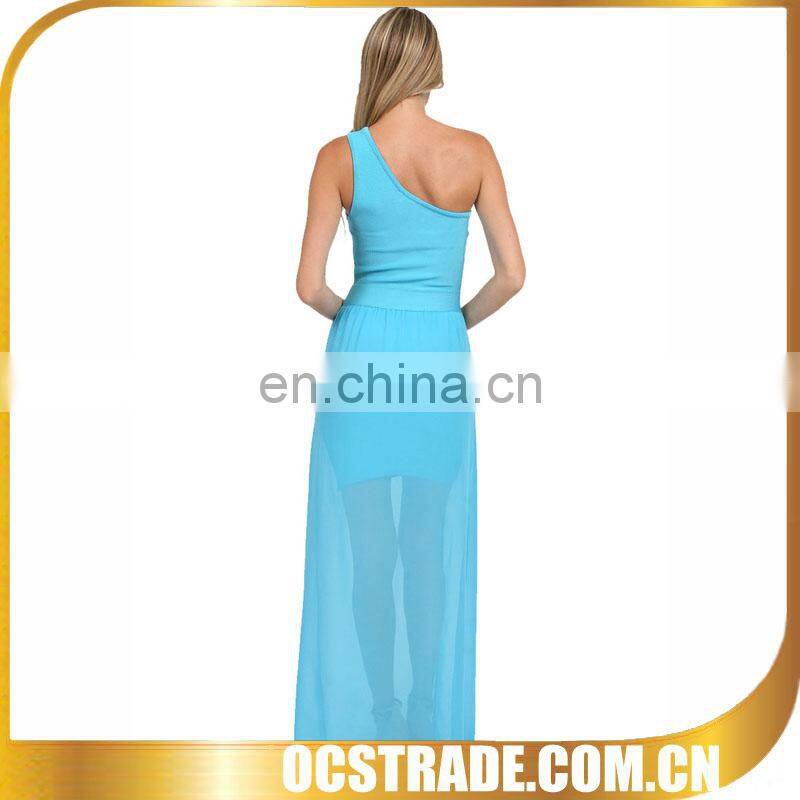 2014 blue mesh maxi one shoulder draped cocktail dresses