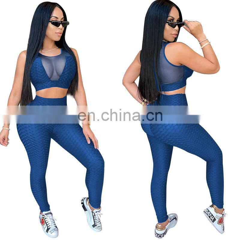 Clothing wholesale custom skinny see-through sexy sleeveless yoga sports suit fashion trend vest trousers suit