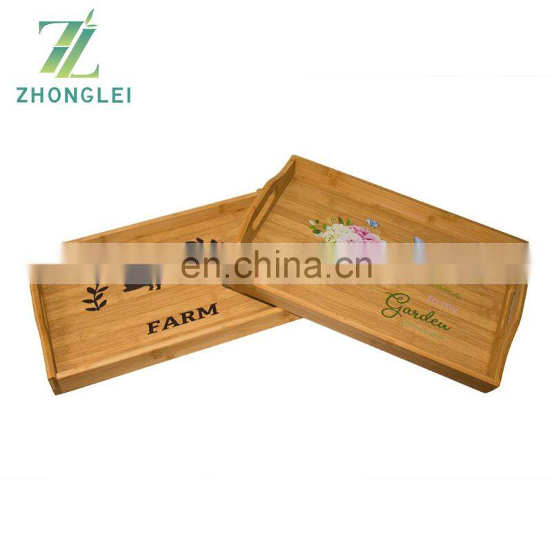 Bamboo Retangle Printing Serving Tray for Storage Food and Plate with Handles