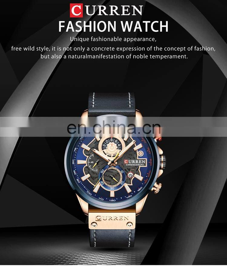 CURREN 8380 Top quality latest three eyes day date leather strap luminous analog quartz watch for men