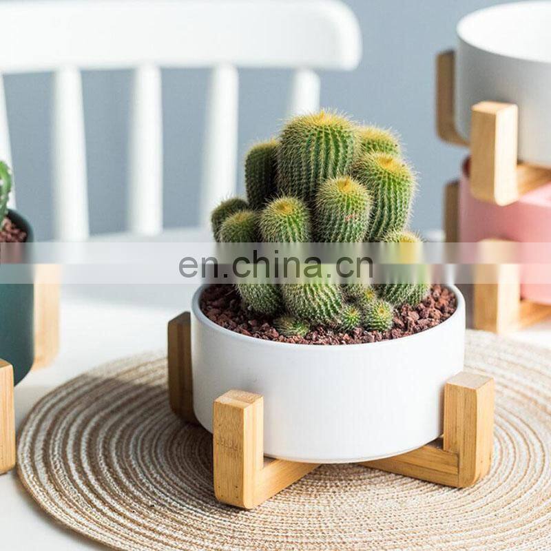 Factory Price Planter Pots Plants Ceramic Supplies Plant Home Garden Flower Pot With Wooden Rack