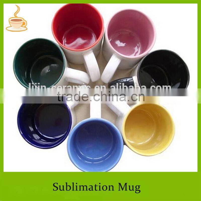 Color glazed inside and white blank coated sublimation ceramic mug, multi-colors offered