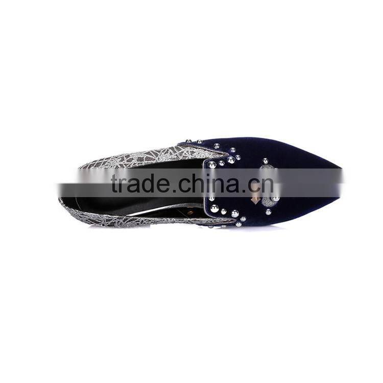 Latest fashion pointed toe pump shoes Coolest rivet decorated corduroy shoes Leisure joker embroider pump flat shoes