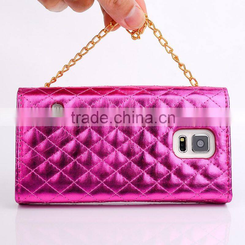 Wallet Design Bright Grid Handbag Magnetic Flip PC PU Leather Case for Samsung Galaxy S6 with Rhinestone Bowknot Buckle