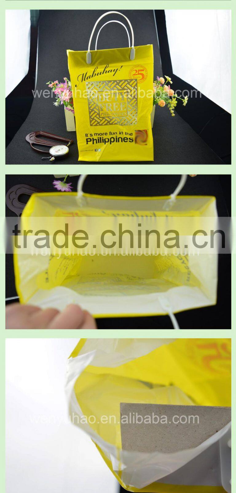 shopping plastic handle bag , yellow printing square bottom side gusset plastic bag with paper card