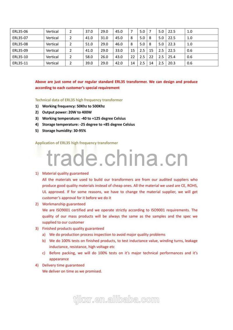 CE, ROHS approved, ERL35 high frequency transformer