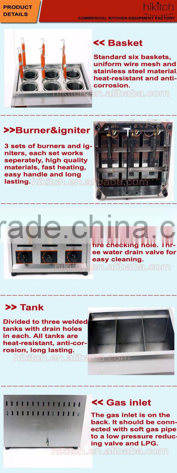 Counter top 6 baskets gas pasta cooking machine with taps Guangzhou manufacturer