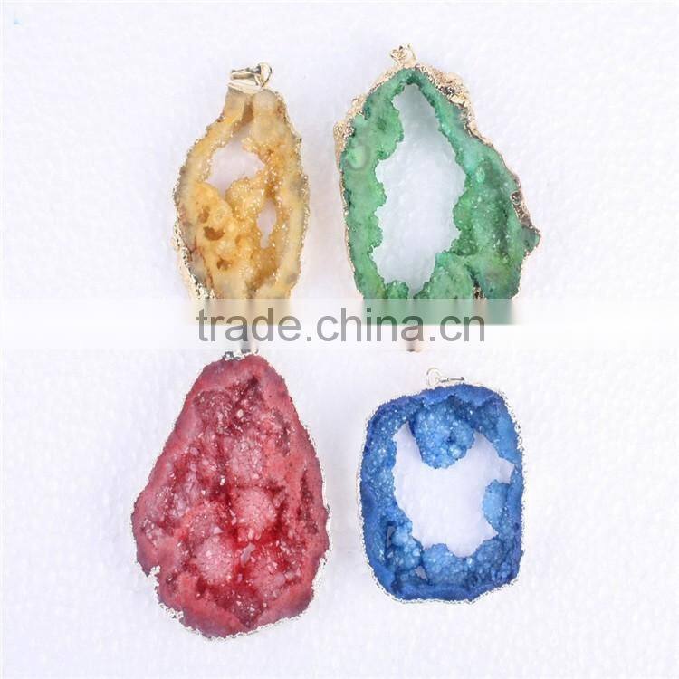 Golden Electroformed Edge Dyed Colors Natural Agate Druzy quartz Pendant Bead--OEM welcome