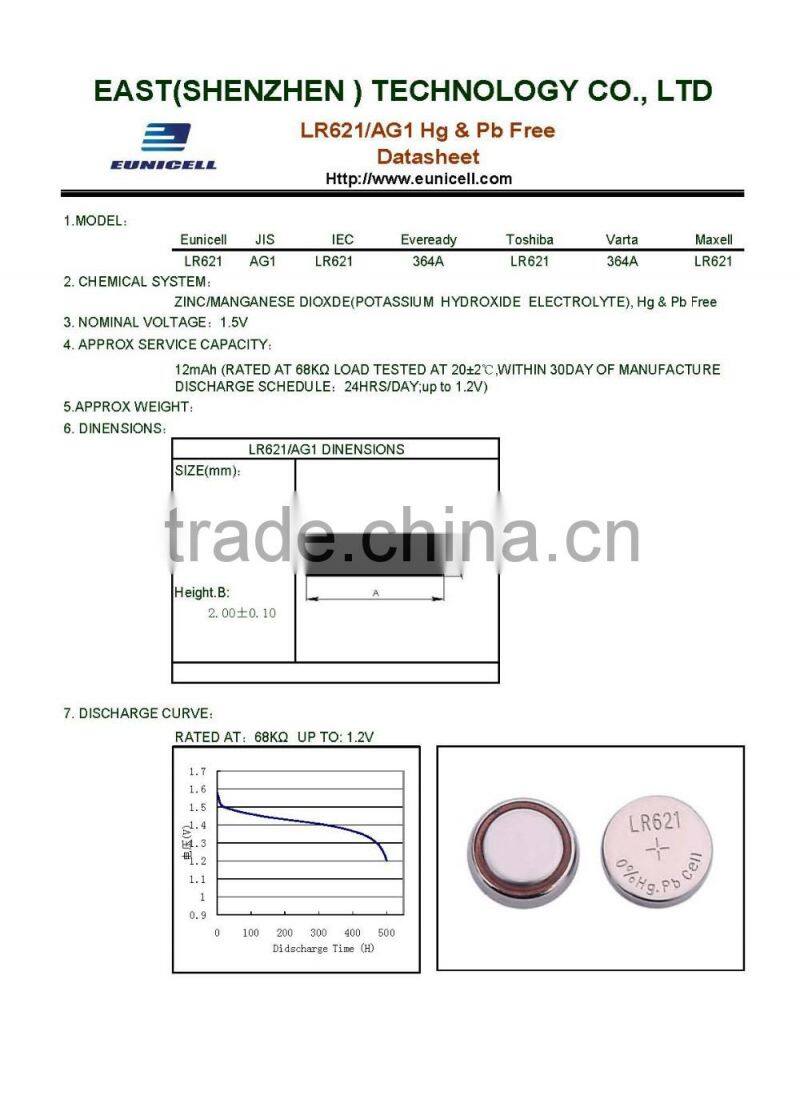 Mercury and cadmium 0% hg pb alkaline button cell battery lr621 ag1 manufacturer